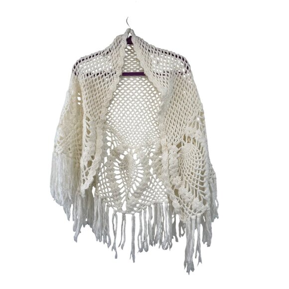 Accessories - Vintage Pineapple Crochet Shawl Fringe Wrap Ivory Boho Festival One Size